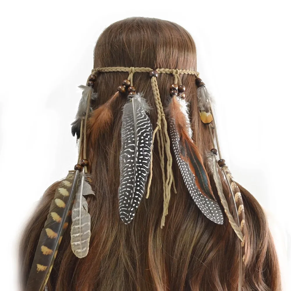 

2019 Wood Beaded Feather Hair Band Bohemian Brown Elastic Gypsy Festival Headband Women Fashion Indian Hair Accessories Jewelry