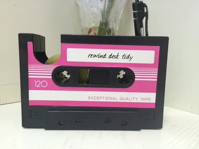 

Retro Cassette Tape Pen Holder with Tape Dispenser Tape Holder Desktop Creative Storage Box Rewind Desk Tidy