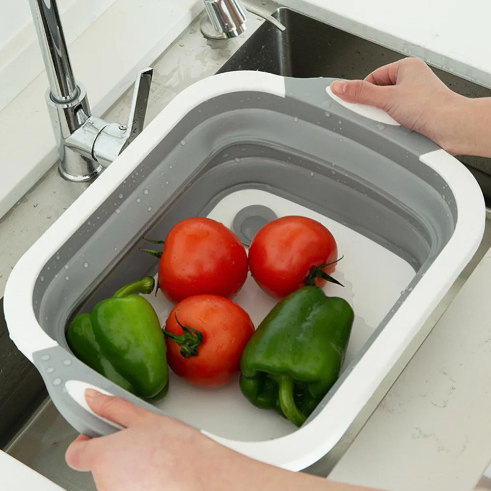 

1pc Folding Chopping Board Vegetable Fruit Washing Basket Silicone Kitchen Cutting Block Chopping Blocks Sinks Drain