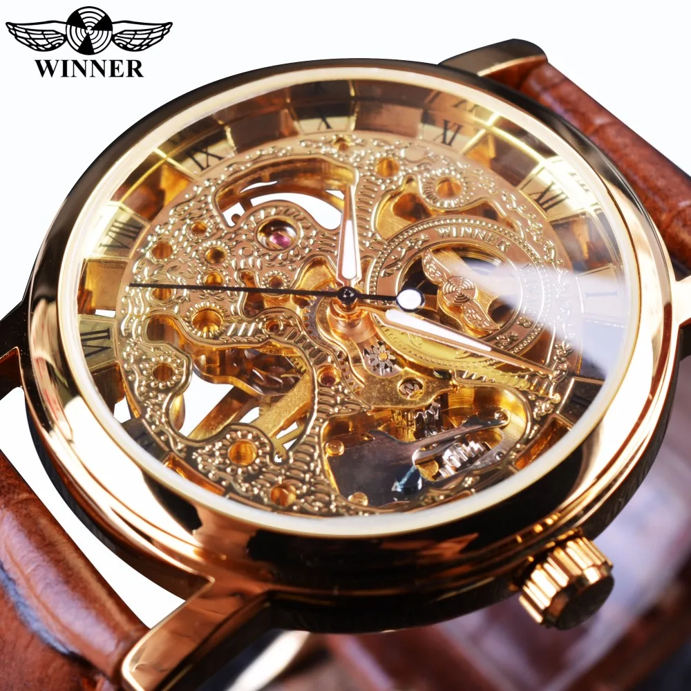 Winner Transparent Golden Case Luxury Casual Design Brown Leather Strap Mens Watches Top Brand Luxury Mechanical