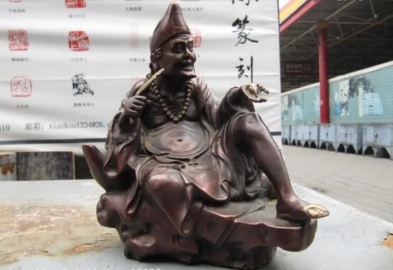 

150401 S0222 8" Chinese Folk refined Red BronzeCopper Carved Ji Gong beggar God Buddha Statue