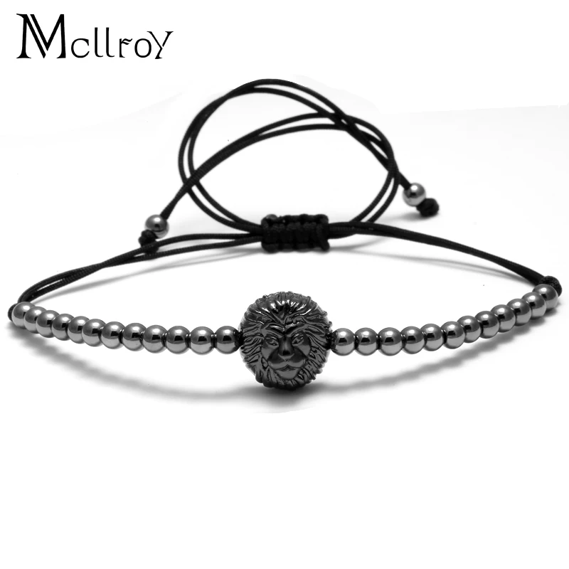 Mcllroy Silver Lion Head Leopard &Eyes Braiding Macrame Mens Bracelets with 4mm Round beads Bracelet