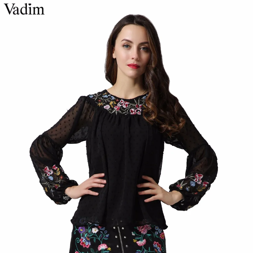 

Vadim women floral embroidery chiffon shirts pleated bow tie sleeve vintage black blouse ladies casual tops blusas LT2138