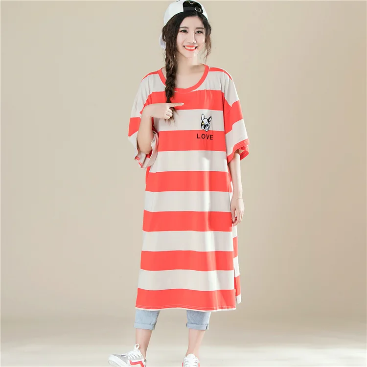 2018 Summer Loose Oversize Striped T Shirt Women Dress Korean Casual Embroidery Short Sleeve T Shirt Dress Plus Size Orange