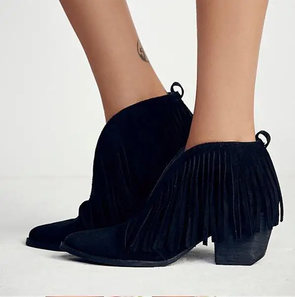 

Vintage chunky high heels suede leather woman ankle boots V sharpe fringe bota feminina red black cowboy boots shallow botines