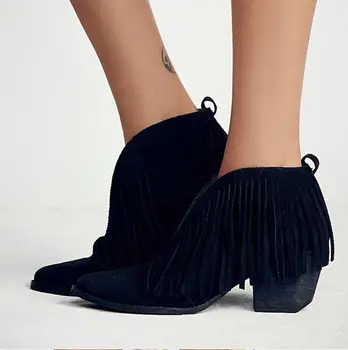 

Vintage chunky high heels suede leather woman ankle boots V sharpe fringe bota feminina red black cowboy boots shallow botines