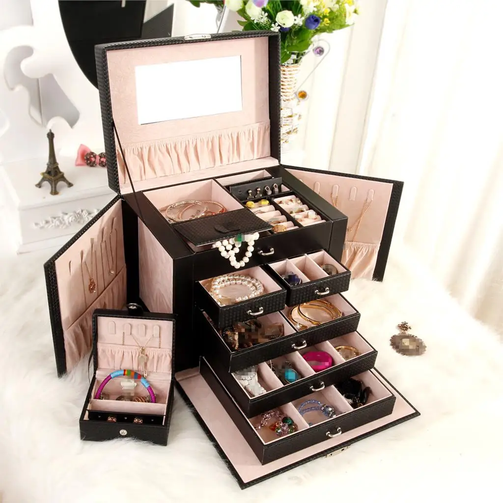 Guanya enfría gran caja de joyería caja de reloj perlas pendiente del anillo de la joyería armario de almacenamiento caso negro blanco rosa cuero baratija organizador - 6