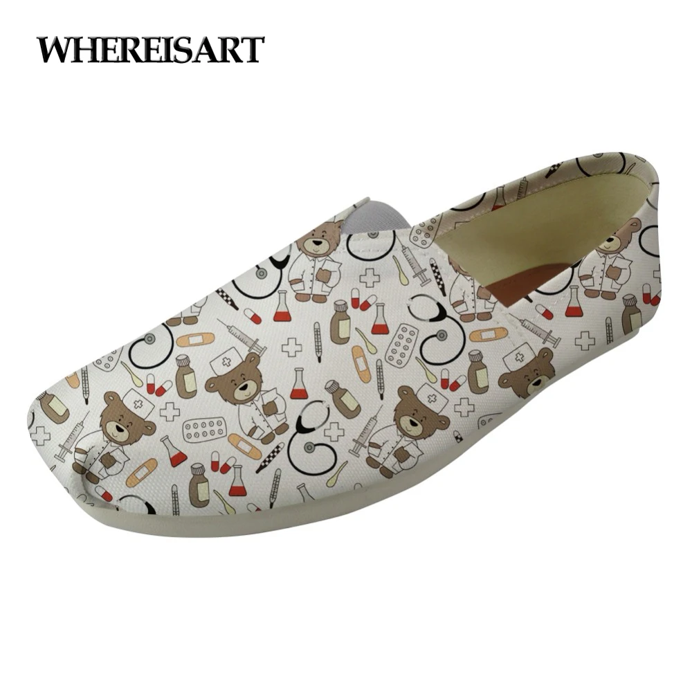 

WHEREISART White Cute Nurse Bear Pattern Women Flats Shoes Thomas Canvas Casual Shoes for Female Comfortable Flat Women's Lazy