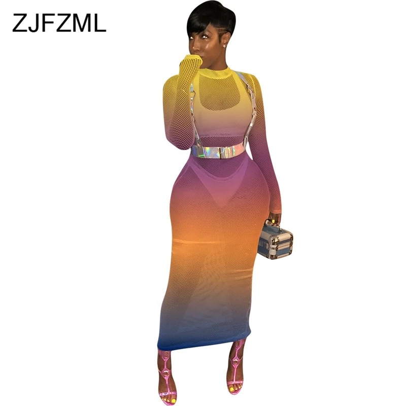 

Sheer Mesh Patchwork See Through Sexy Dress Women Gradient Color Long Sleeve Bandage Dress Casual Cut Out Club Party Beach Dress