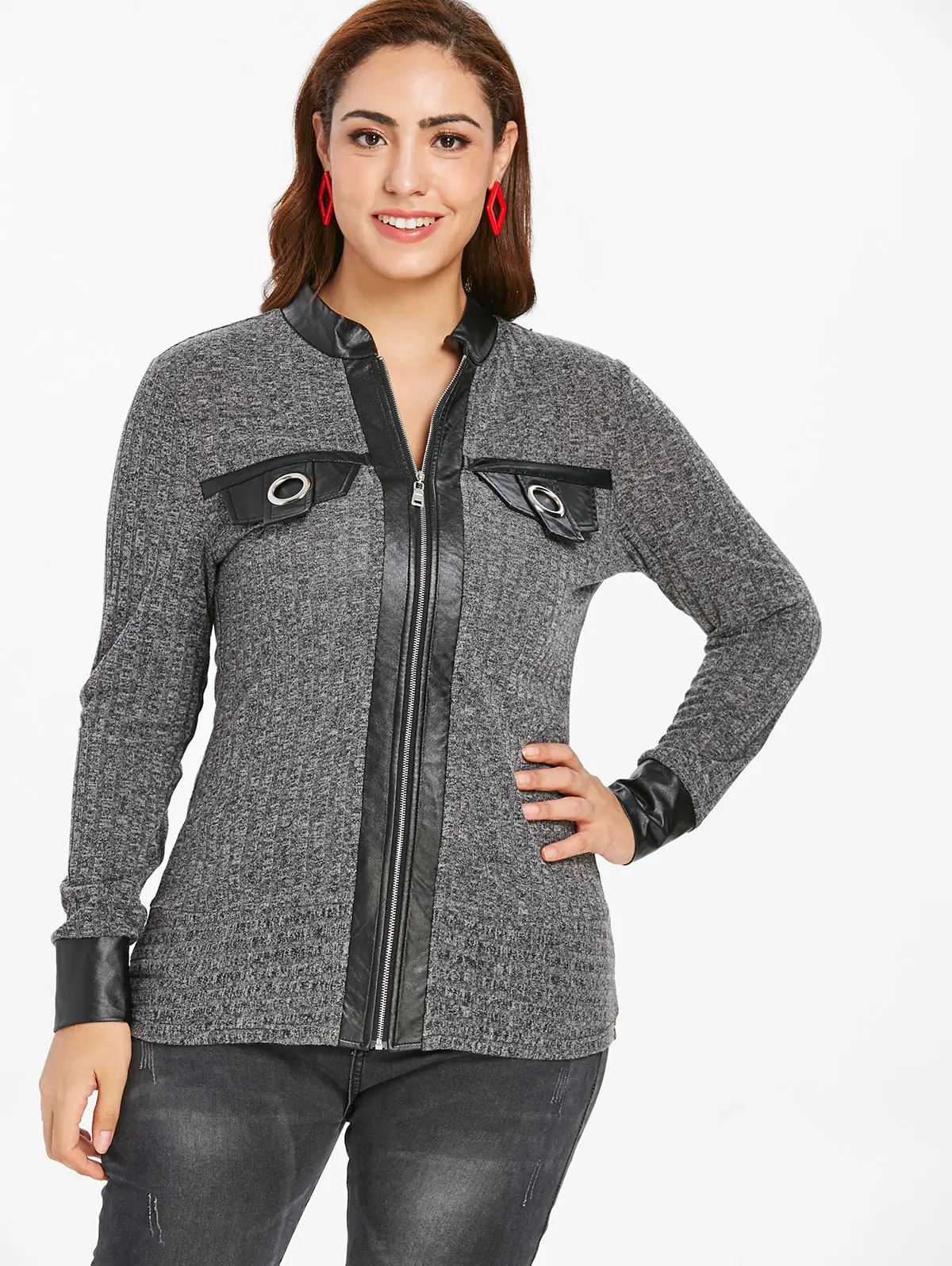 

Wipalo Autumn Plus Size 5XL Zipper Up Faux Leather Ribbed Cardigan Jacket Coat Casual Patchwork Long Sleeve Jacket Coat Outwear