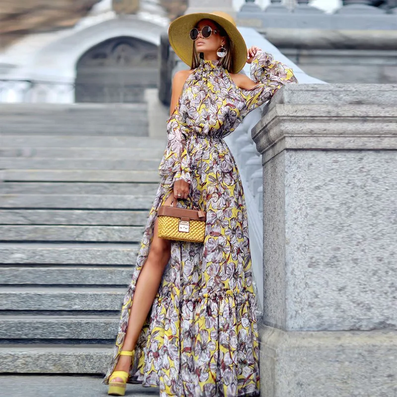 

elegant dresses 2019 summer new arrival bohemian turtleneck robe femme vintage floral long sleeve dress streetwear free shiping