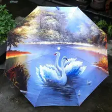 Продвижение Творческий маслом Зонт Три складной зонтик anti UV Дождь и зонтик «Лебединое озеро»