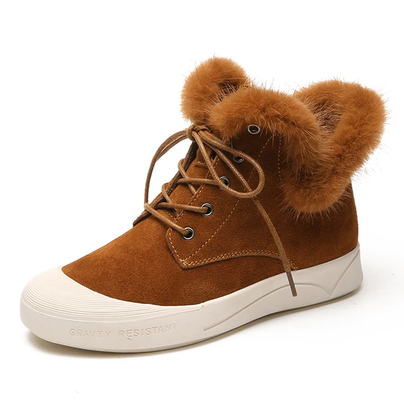 

Lucyever thick fur ankle womens winter warm lace up shoes flat heels comfortable plush ankle boots woman casual outdoor footwear
