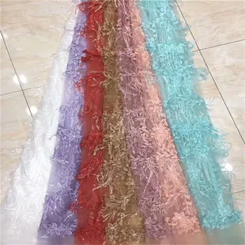 

New Nigerian Lace Fabric Tassels High Quality Lace 3D Embroidered French Gold Tulle Lace Hot Sale French African Lace Fabric