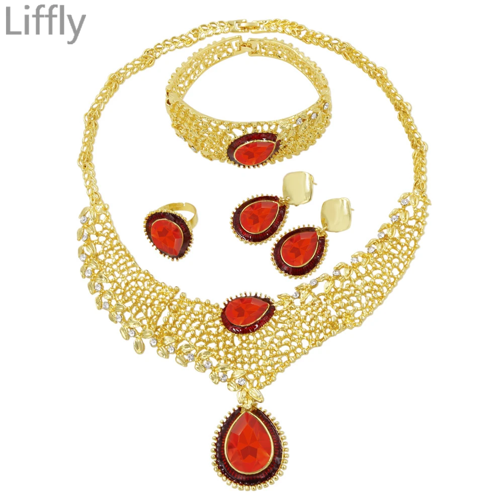 

Liffly Moroccan Fashion Luxury Wedding Engagement Jewelry Red Crystal Necklace Ring Earrings Exquisite 24 Gold Jewelry Sets Gift