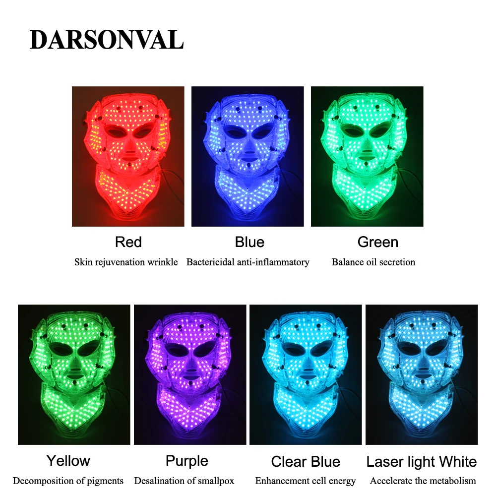  Darsonval 7 Colors Led Face Neck Mask Facial PDT Led Light Therapy Photon Phototherapy Device White - 33053635093