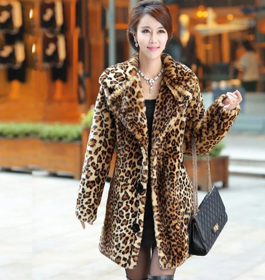 Sexy Léopard Femelle Grande coats Épais Beige Veste En Fausse Luxe Taille De Manteau Lapin Nouveau Pardessus Hiver Fourrure Femmes Vison Trench Chaud l15FTKuc3J
