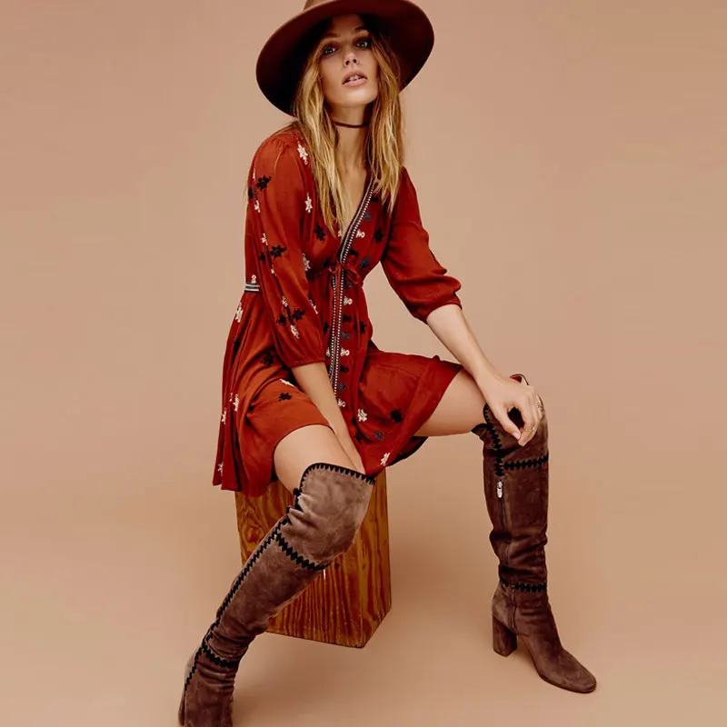 

2017 Spring V Neck Three Quarter Sleeve Elastic Waist Vintage Bohemian Embroidery Maxi Hippie Dress Holiday Embroidered Dresses