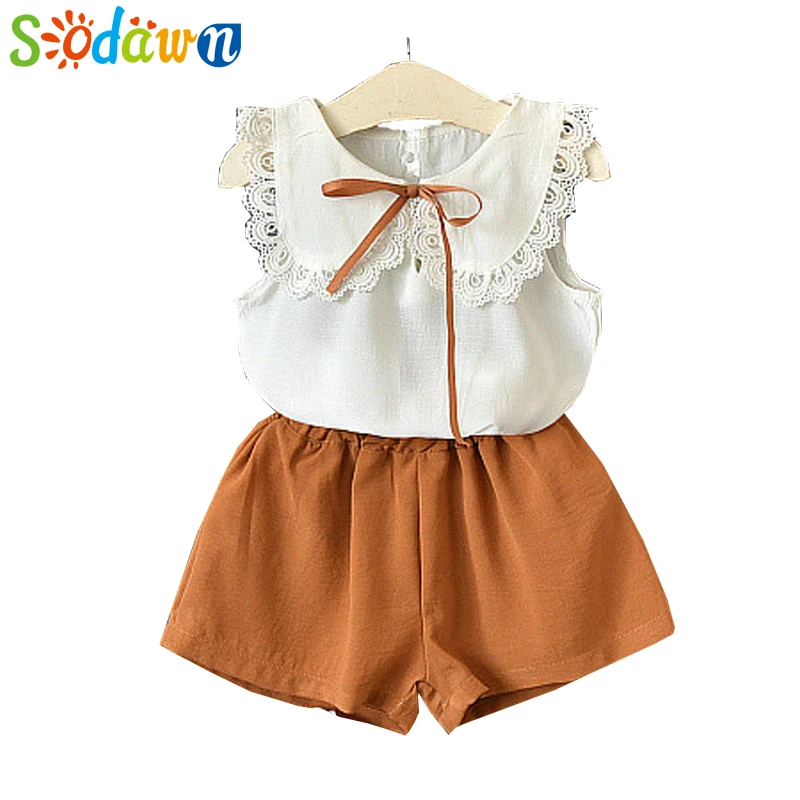 

Sodawn 2018 Summer New Fashion Girls Clothing Set Doll Collar Short Sleeve + Shorts 2PCS Children Clothing 3-7Y Girls Clothes