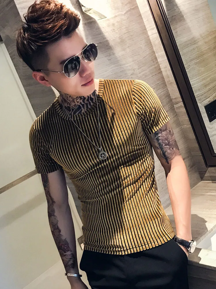 

Men Summer Slim Fit Short Sleeve Corduroy Stripe T Shirt Fashion Bottom Casual Tees Shirt Male Tshirts 5 Colors