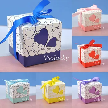 

50pcs/Lot Heart-Shaped Window Gift Paper Boxes Ribbon Candy Bags Wedding Favor Decoration Red Pink Lavender Turquoise Blue