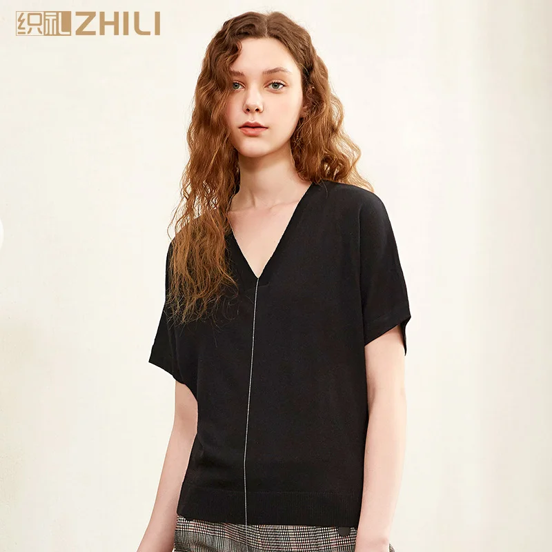 

ZHILI Women's Knit V-Neck Loose Fit Summer Female Tops Tee(S-4XL)