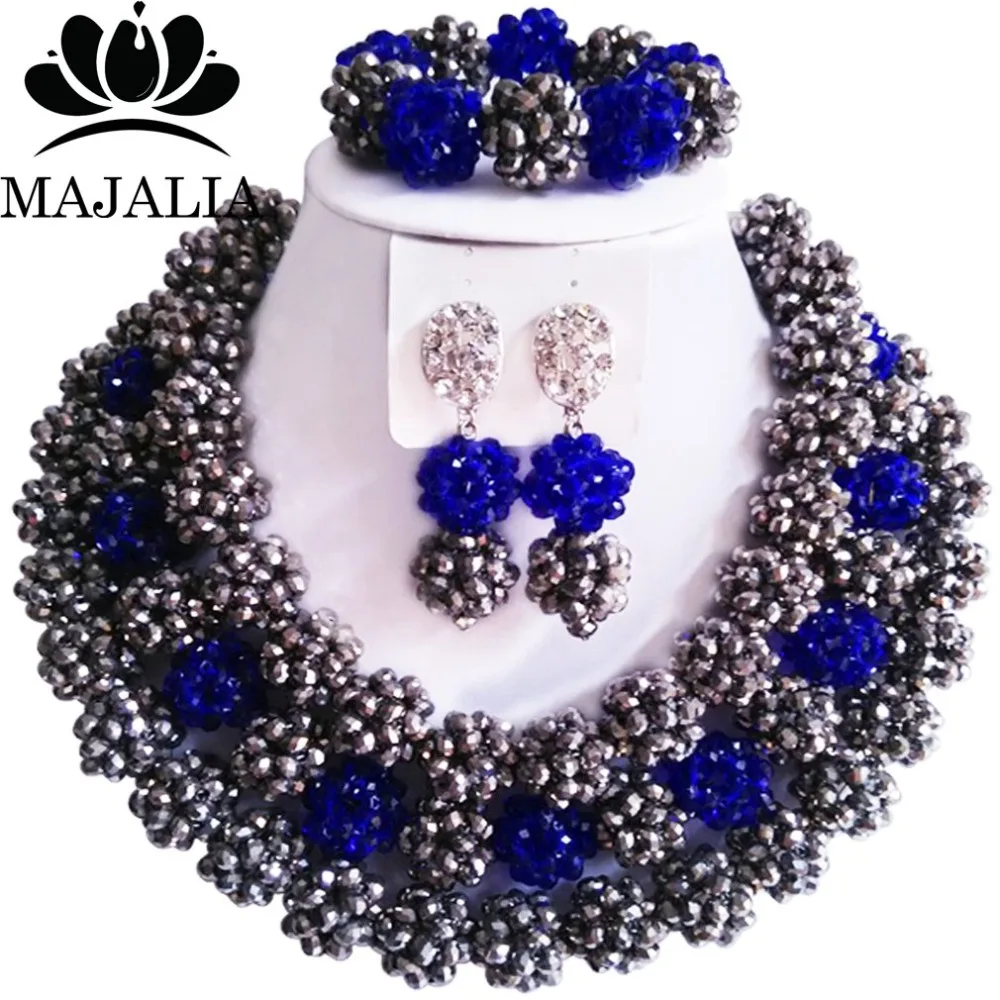 

Trendy Nigerian wedding African beads jewelry set crystal Silver necklace bracelet earrings A well-known brand Majalia Y-15