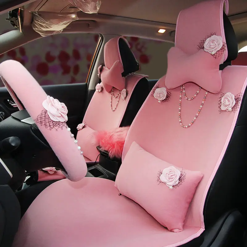 

Pink Camellia Pearl Plush Universal Car Seat Interior Accessories Cover Seat Cushion Bow Auto Seat Covers Girls Women