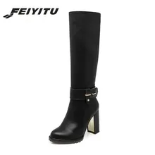 Feiyitu/Большие размеры 34-43; женские сапоги до колена; теплые зимние сапоги с мехом внутри; обувь на толстом высоком каблуке с боковой молнией; обувь на платформе