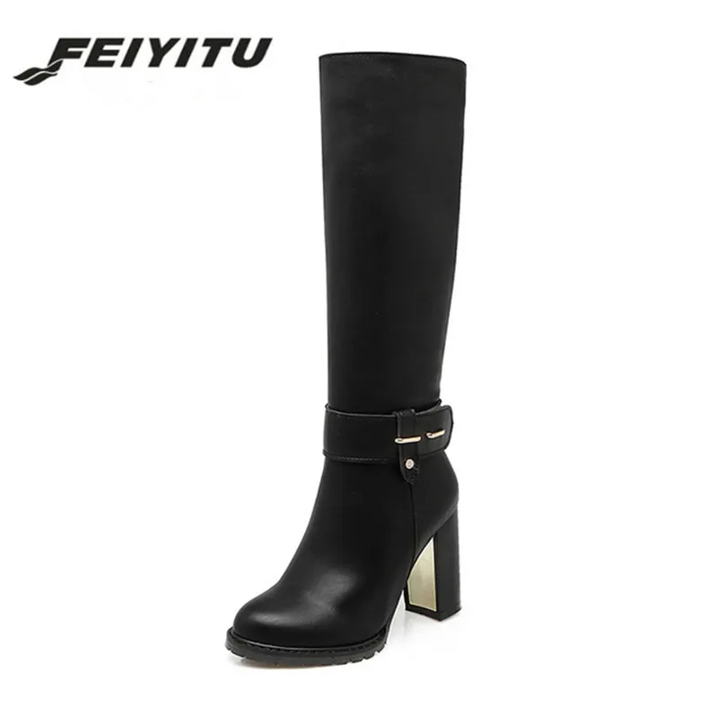 

feiyitu Big Size 34-43 Women Knee High Boots Fur Inside Warm Winter Boots Side Zipper Thick High Heels Shoes Platform Footwear