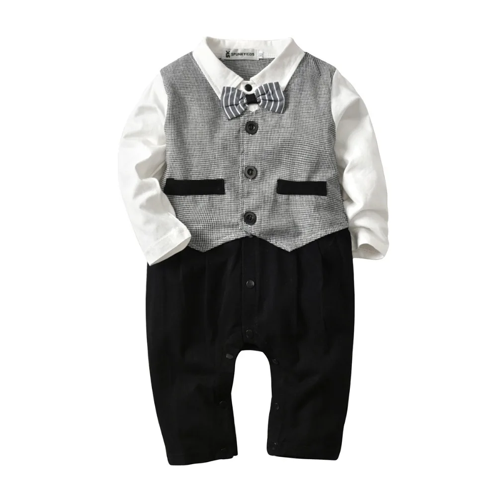 

Baby Boy Clothes Children's Jumpsuit Long-sleeved Romper Boys Bow Tie Gentleman Gray Fake Two-piece Suit British Style