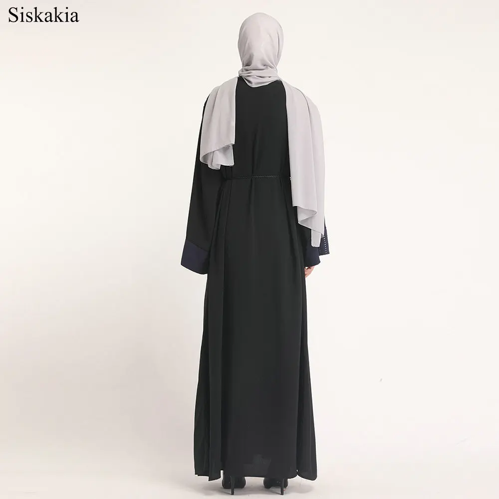 Siskakia Muslim Fashion Color Block Stitching Cardigan Robe Abaya Women Turkish Dubai Ramadan High Waist Sashes Female Abaya New (7)