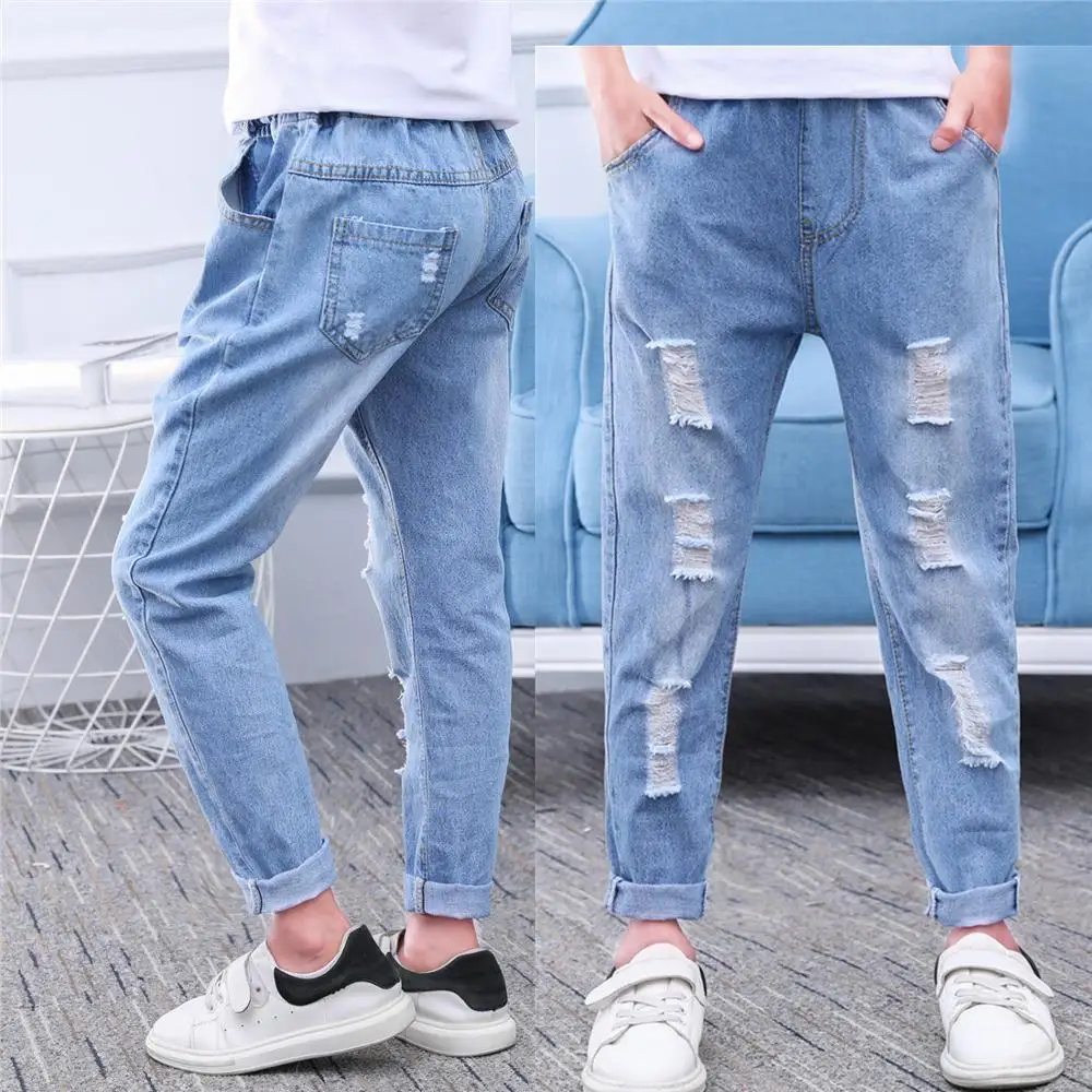 

Casual Boys Jeans Fashion Baby Kids Denim Trousers Loose Hole Long Pants Baby Kids Clothes for 6 8 10 12 Years Vestidos