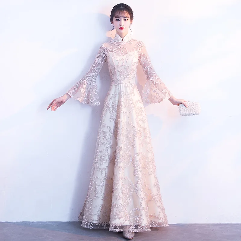 Шампанское колокол рукав восточные платья Китайская Невеста винтажное традиционное свадебное платье Чонсам длинное Qipao Плюс Размер 3XL