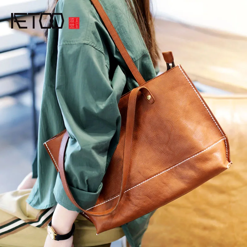 

AETOO Original design college wind retro art soft leather tote bag cross section shoulder bag female handmade leather big bag