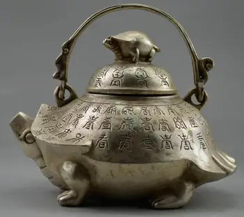 

Crafts statue Collectible Decorated Old Handwork Tibet Silver Carved Tortoise Big Tea Pot