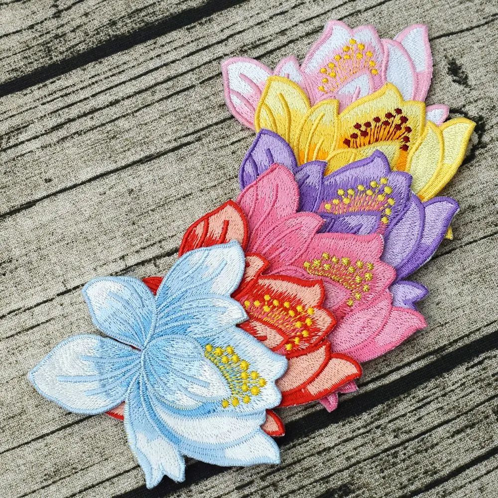 

Cute Colorful LOTUS Applique Flowers Patch Embroidered Sew Iron on Clothes Bags Handmade DIY Craft Ornament Fabric Sticker