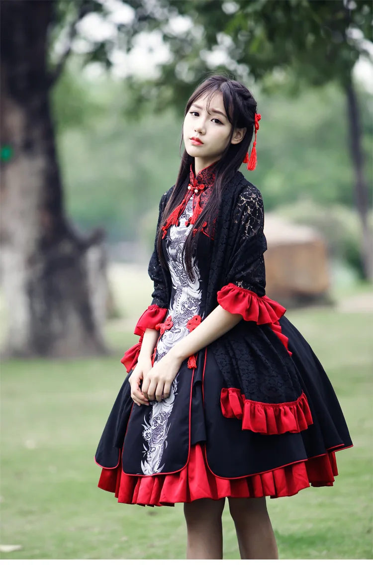Милое классическое платье Qi-lolita в стиле ретро, готика, Лолита, дракон, ...