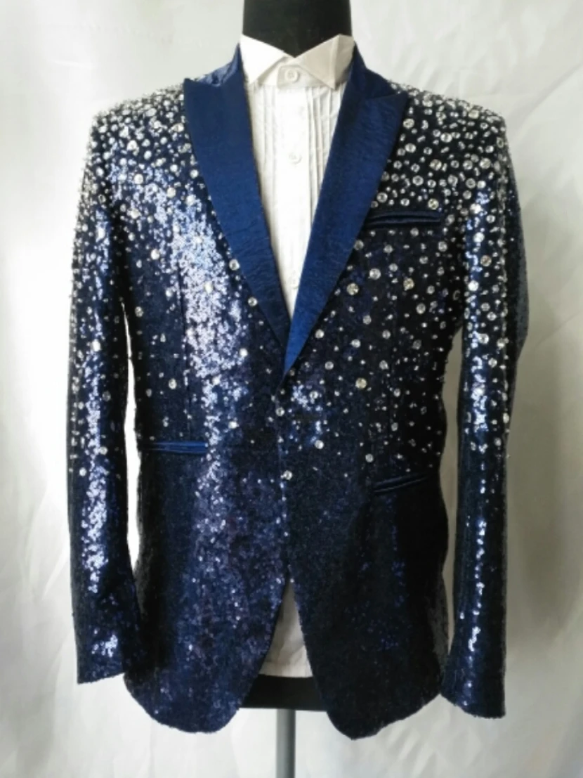 luxury mens navy blue rhinestone beading handsewing full sequined