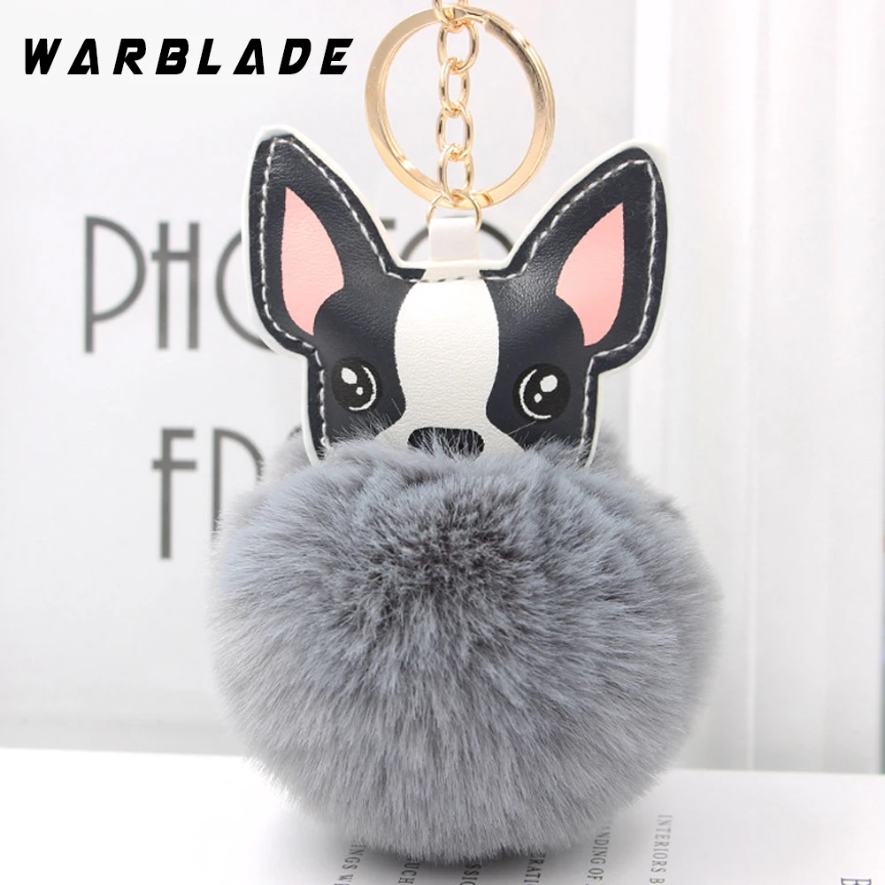 

WBL New Pompom French Bulldog Keychain Fluffy Rabbit Fur Ball Key Chain Leather Animal Dog Keyring Women Bag Car Charm Chaveiros
