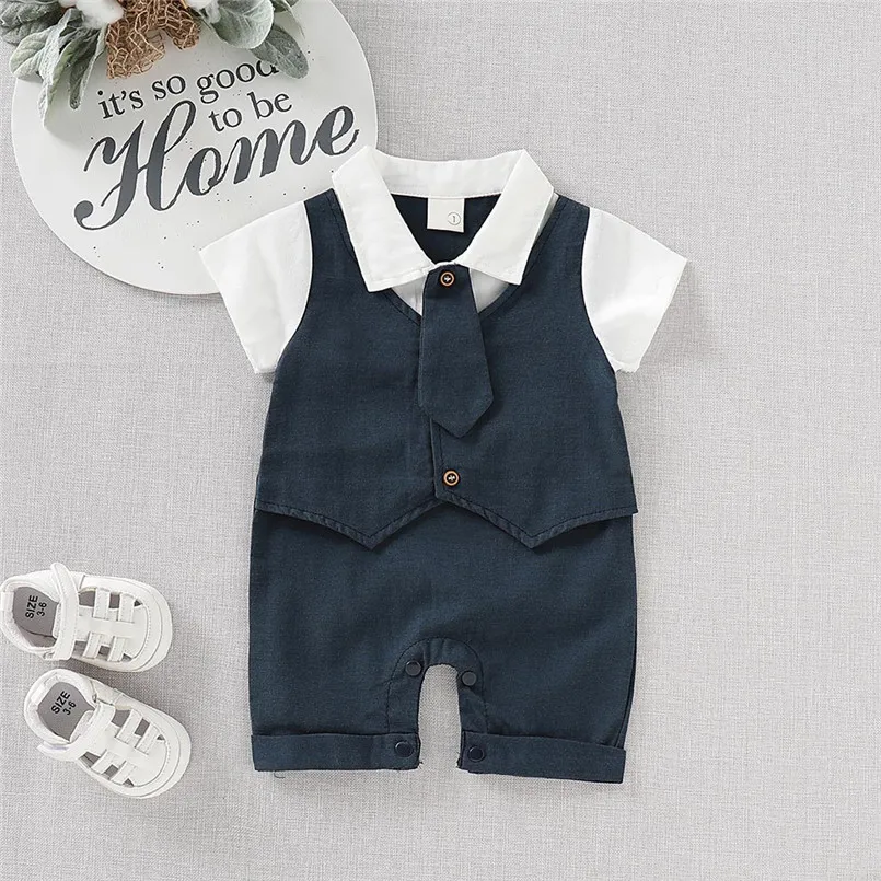 The new fashion cute design Infant Baby Boys Short Sleeve Gentleman Romper Necktie Tie Solid Print Jumpsuit  (7)
