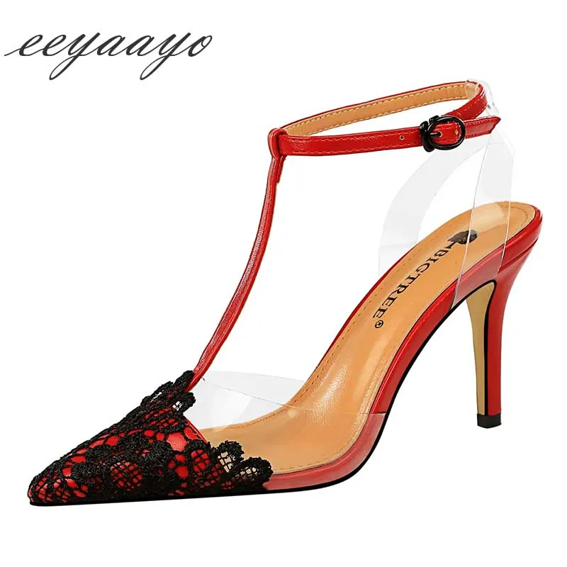 

2019 New Summer Women Sandals High Thin Heel Pointed Toe T-Strap Buckle Fashion Sexy Ladies Women Shoes Red High Heels Sandals