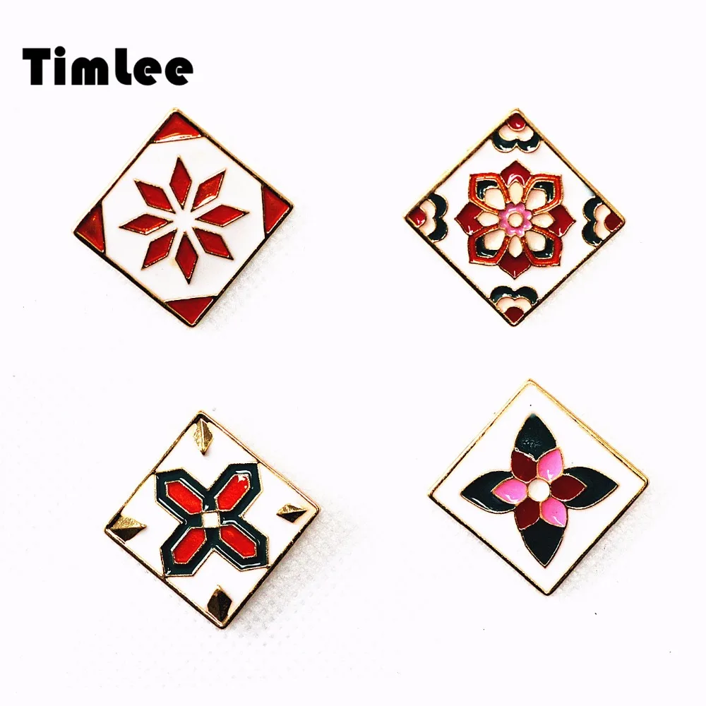 

Timlee X200 Cartoon Vintage Flower Square Design Metal Brooch Pins Gift Wholesale