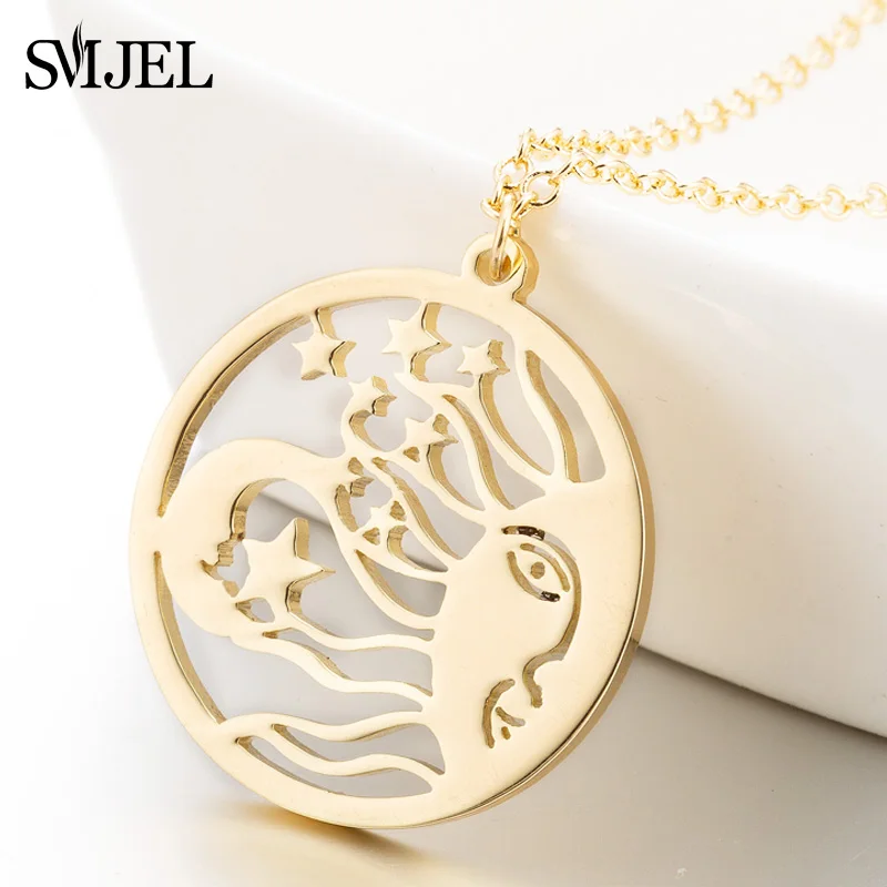 

SMJEL Stainless Steel Sun Moon Star Necklaces for Women New Vintage Mayan Civilization Jewelry Long Chain Necklace Bijoux