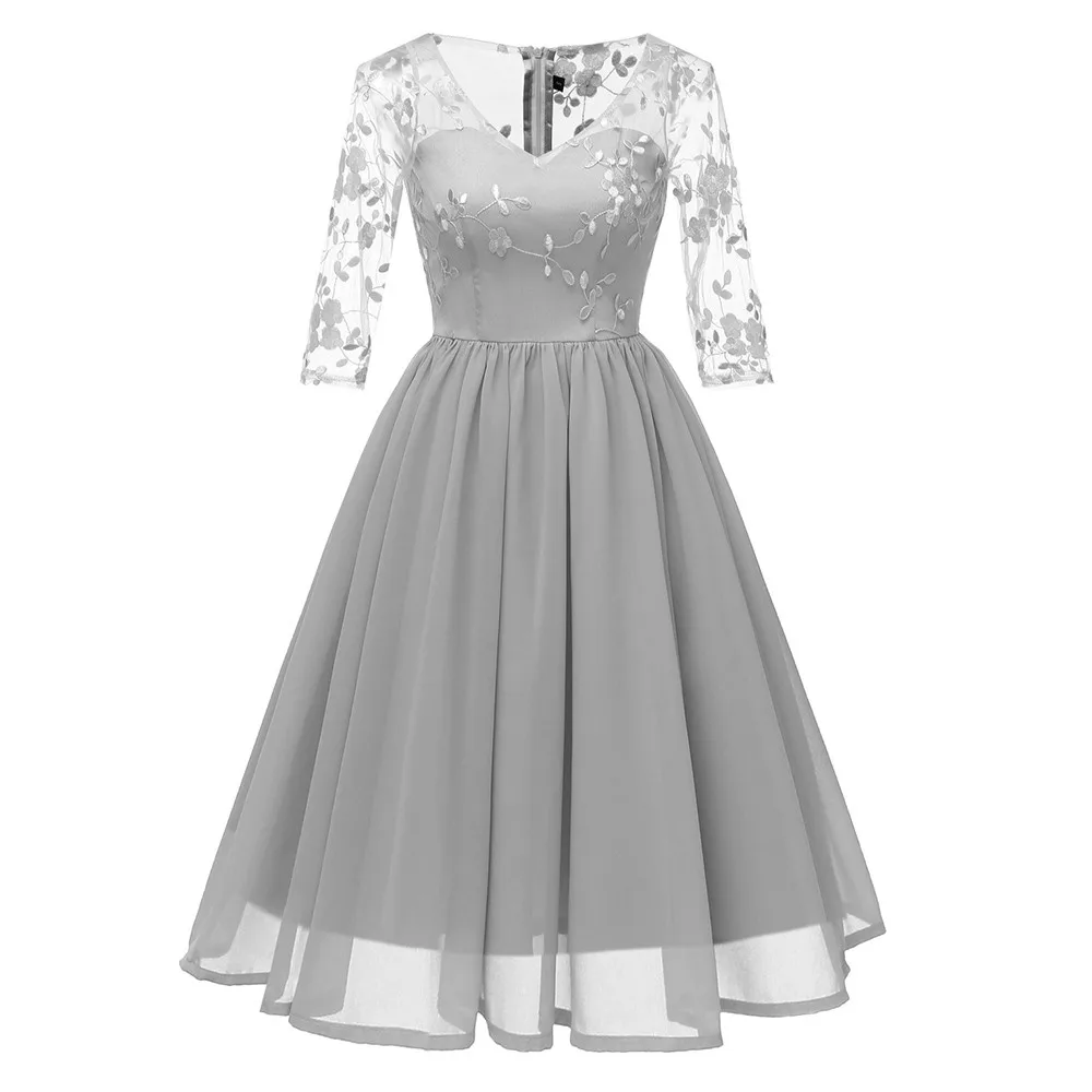 Летнее кружевное платье с круглым вырезом, женское винтажное кружевное коктейльное платье принцессы с цветочным рисунком и v-образным вырезом, вечерние платье-трапеция - Цвет: Серый