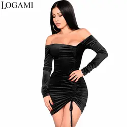 Logami цвет: черный, синий черный с плеча bodycon платье Для женщин с длинным рукавом Демисезонный Вельветовое платье пикантные женские Мини