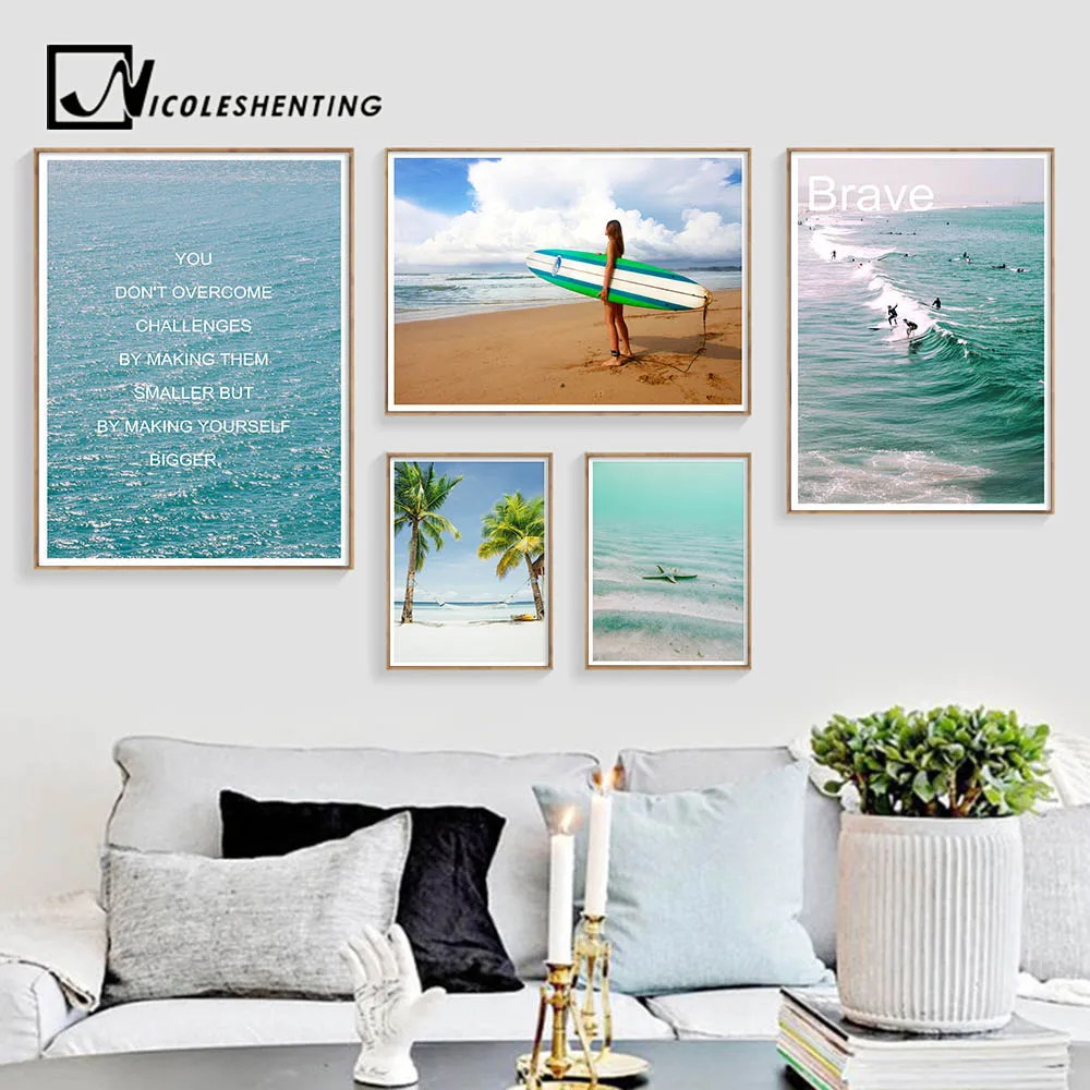 

Ocean Beach Surfing Landscape Canvas Poster Motivational Quote Art Print Noridc Style Painting Wall Picture Modern Home Decor