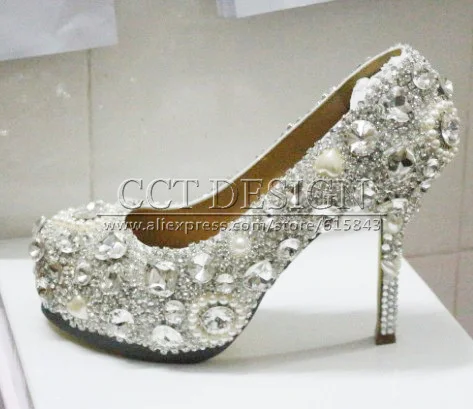 

Silver Rhinestones Strand With Heart Diamond Wedding Shoes Glitter Crystals Platforms Party Prom Bridal Shoes Bridemaid Shoes
