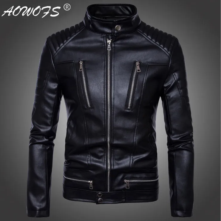 Aowofs новые британские мотоциклетные кожаные куртки мужские классический дизайн мульти-молнии байкерские куртки мужские кожаная