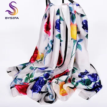 

[BYSIFA] Women's Scarf Summer Rose Silk Satin Beach Shawl Cover-ups Spring Autumn Black And White Long Silk Scarves 180*90cm